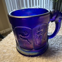 COBALT BLUE IMPERIAL GLASS CHILDS MUG WITH ELEPHANT HANDLE. CARNIVAL GLASS.