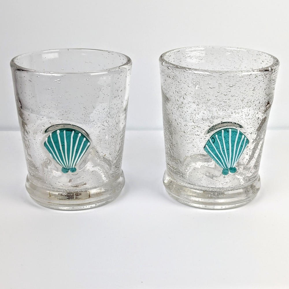 Handcrafted Bubble Glass Drinking Tumbler Embedded Shell Charms [Set of 2] 12 oz