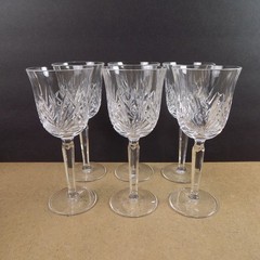 6 Waterford Leana Crystal Wine Glasses Goblets Cut Fans Signed 7.5″ Tall VGC