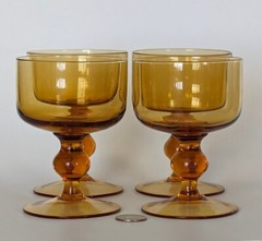 Set 4 Vtg MCM Amber GLASS Wine Water Liquor Goblets Ball Knopf Stem Bar Ware
