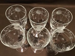Beautiful Set Of 6 Vintage 6.5″ Tall Clear Etched Glass Wine / Parfait Stemware