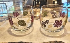 Culver Roly Poly Bar Glasses Leaf Pattern Low Ball Barware Set Of 2 Euc