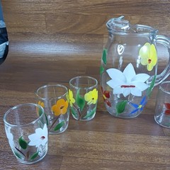 Vintage Bartlett Collins Juice Set Pitcher + 6 Glasses Hand Painted Floral MCM