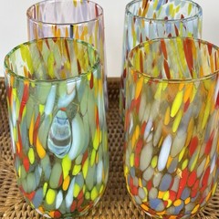 Murano Hand Blown Confetti Millefiori Glasses Set Of 4 Multi Color Tumblers
