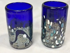 2 Cobalt Blue Art Glass TUMBLERS signed S.B. #296 Great Design heavy 4.25″ tall