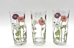 3 Signed CULVER Glassware 1960/1970’s Poppies Purple Pink White 14 Oz MCM