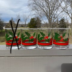 3 Christmas Glasses Libbey Holly Berry Red Band 4”H Double Old Fashioned Lowball