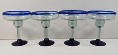 (4) Pier 1 Cobalt Rim Margarita Glasses Set Hand Blown Drinking Stemware Bar Lot