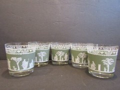 Jeannette HELLENIC GREEN Set of 5 DOF Glasses 3.25″ DOUBLE OLD FASHION Holds 7oz
