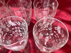 6 Rare vintage crystal clear etched cut glass footed tumblers, iced tea glasses