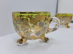 6 ANTIQUE MOSER GLASS 3 FOOTED HANDLED PUNCH CUPS WITH GILT FLORAL AND BERRIES