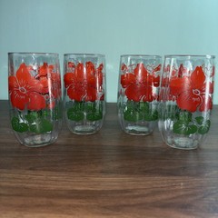 Set Of 4 Vintage Anchor Hocking Red Hibiscus Drinking Glasses Hawaiian Tropical