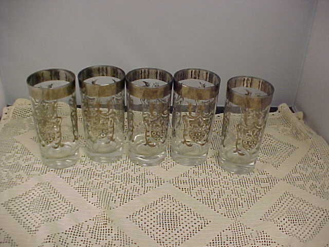 Beverage Glasses 5 Total Retro Silver Rim and Imprint Coat of Arms Vintage Used
