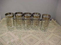 Beverage Glasses 5 Total Retro Silver Rim and Imprint Coat of Arms Vintage Used