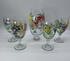 Artisan Made Carafe Blown Glass Wine Water Goblets 4-12 Oz Glasses & 48 Oz Vase