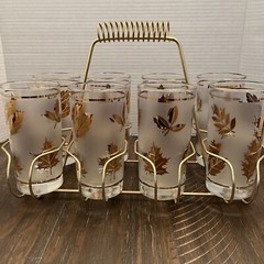 Vintage Libbey Gold Leaf High-ball Frosted Glasses 8-Piece Set – Metal Carrier