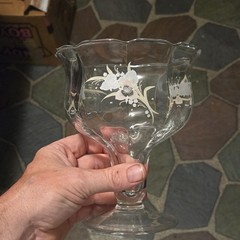 vintage footed rose bowl vase features a delicate white and colored etched flora