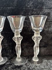 Vintage Bayel crystal frosted nudes 4 stemmed cordial glasses France 1930-1940