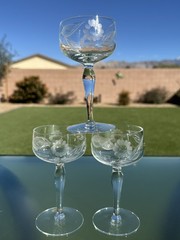 3 W.J. Hughes Cornflower Cordial Crystal Etched Cordials Sherry Glasses Vintage
