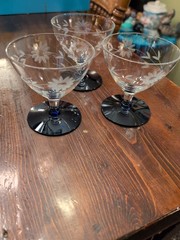 3 Vintage Etched Glass Cobalt Blue Pedestal Liquor Cordial Coupe Sherbet MS