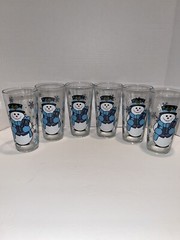 6 Vintage KIG Indonesia Snowman 6” 14 Oz Glasses Tumblers mint!