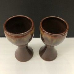Set Of 2 Studio Art Brown Tan Drip Glaze Pottery 7” Goblet Wine Challis Lot