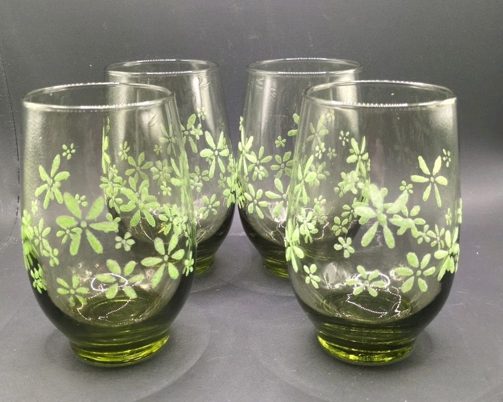 Set of 4 MCM Libbey Mint Bouquet Avocado Green Beverage Glasses Tumblers Vintage