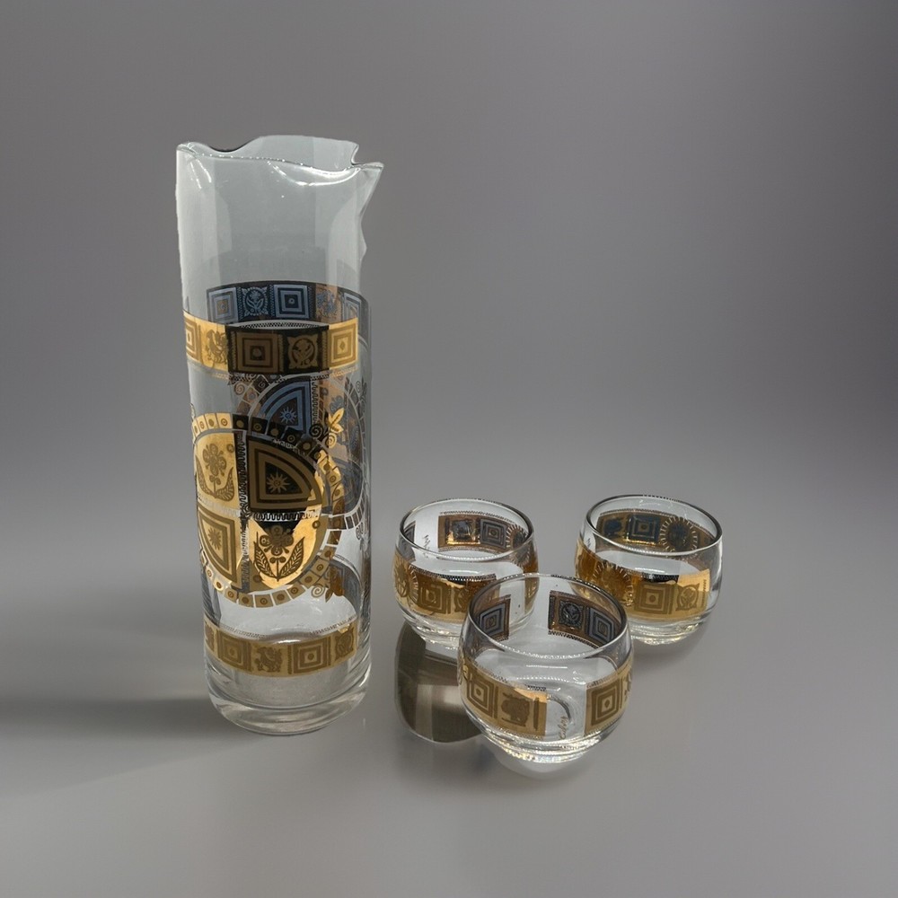 Culver 22k Coronet Barware Set Cocktail Pitcher with 3 Roly Poly Glasses