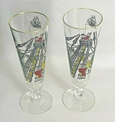 Libbey Pilsner Glasses 2 Treasure Island 10oz Retro Barware Gold Rim MCM Vtg