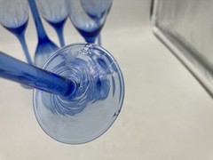 6 Blue Cobalt Champagne Flutes 8“ Tall Etched Circular And Line Design