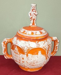 VINTAGE Orange Mold Glazed Stoneware Germany Ceramic Punch Bowl with 4 Mugs