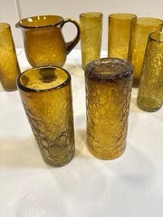 Vintage Art Glass Honey Gold Amber Crinkle Glass Pitcher And 8 Tumbler Set 7”h