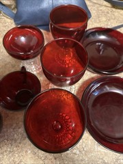 Anchor Hocking Bubble Foot Ruby Goblets, Tea Cups, Custard Dish, Red Bowls