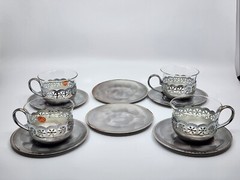 Vintage Japan Windsor Series Glass tea Cups Silver Plated Sleeves Saucers