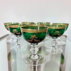 (8) Tiffin Vintage Bouquet Green – Gold Encrusted LIQUEUR Glassware