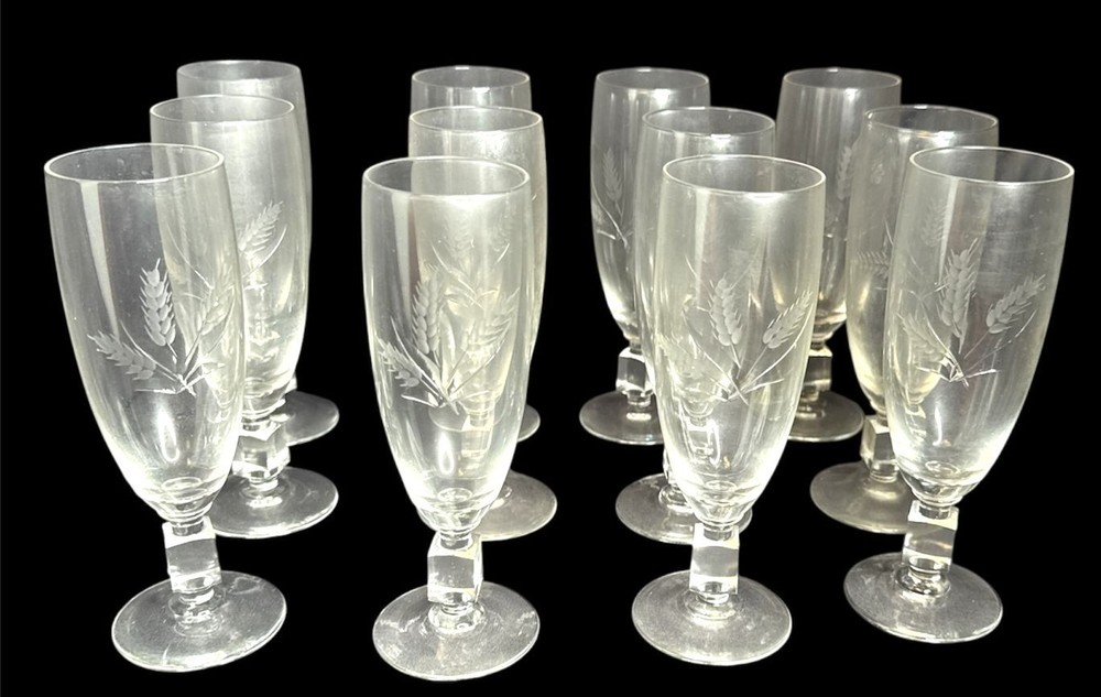 Set of 12 Vintage Reizart Crystal Parfait Glasses Cube Stem Etched Wheat Pattern
