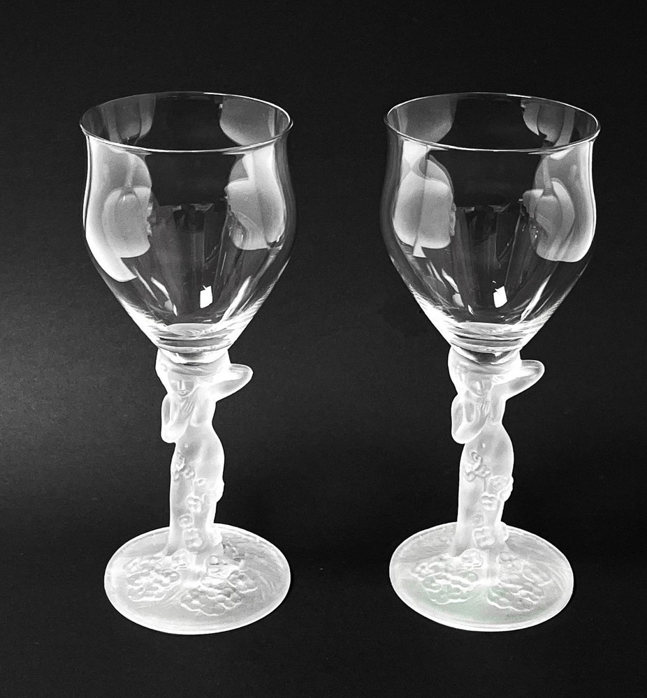 PAIR VINTAGE FROSTED FRENCH CRYSTAL NUDE NAKED LADY STEM WINE GLASSES ART DECO 1