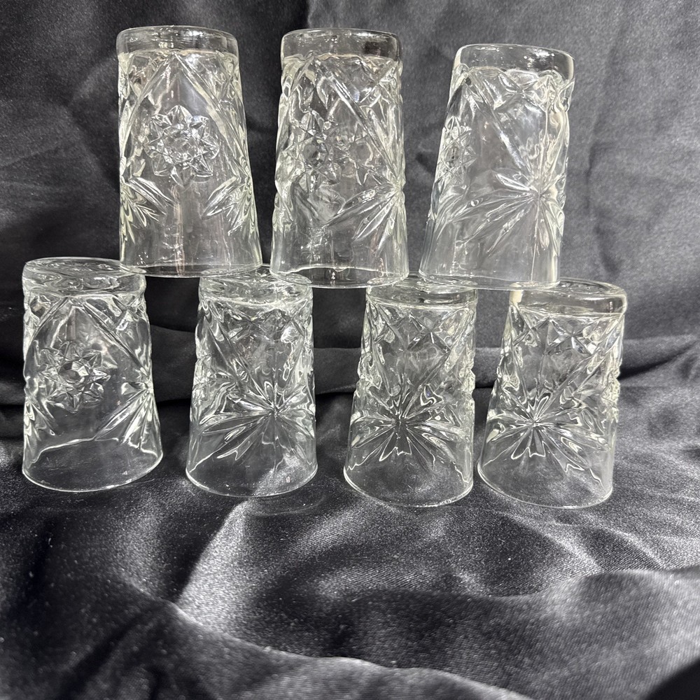 Set Of 7 Anchor Hockings Early American Prescut Tumblers Juice Glasses 3.75”.