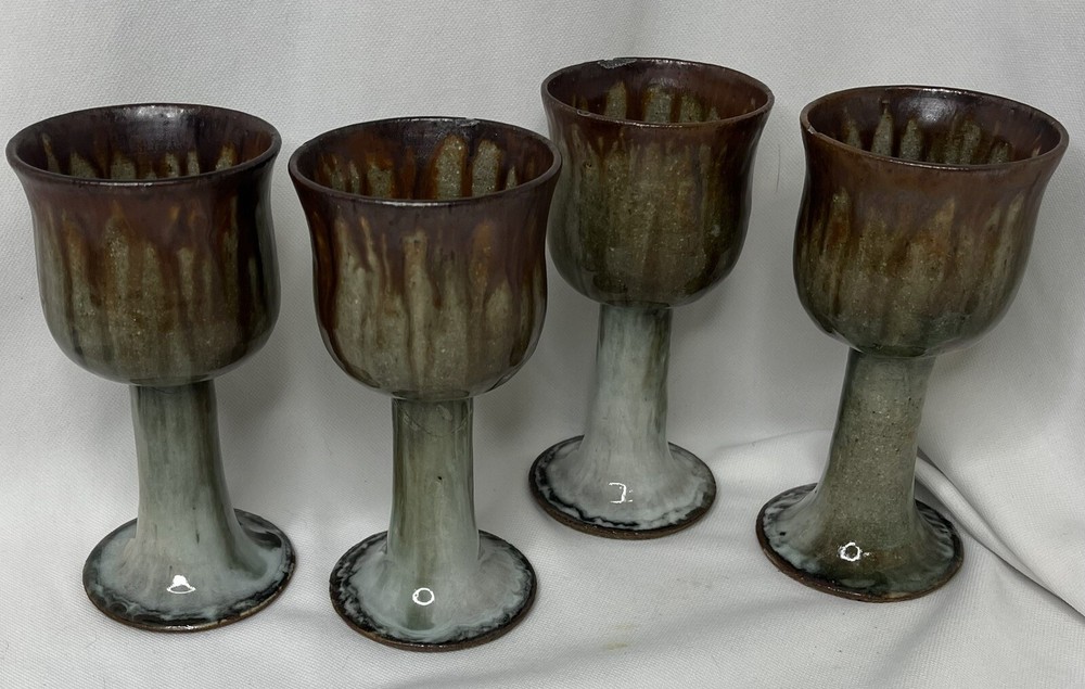 Set Of Four Drip Glazed Art Studio Goblets All Signed By Artist