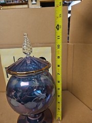 Stunning Blue Glass Pedestal Jar Floral Gold Trimmed 12″ Tall **SEE PICS**
