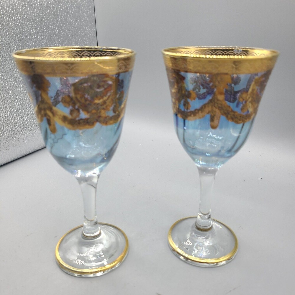 set (2) J Preziosi Lavorato A Mano Italy Wine Glasses Blue Gold Trim Vintage