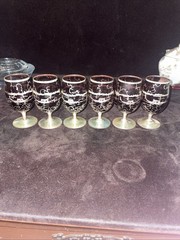 6 Vintage Green Silver Overlay Cordial Glasses With Gondola