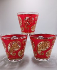Rare Vintage MCM Culver Red Gold Paisley Old Fashioned Cocktail Glasses Set of 3