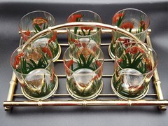 Vtg MCM Culver Iris Cinnabar Bar Set 6 Lowball Glasses & Metal Holder Exc.