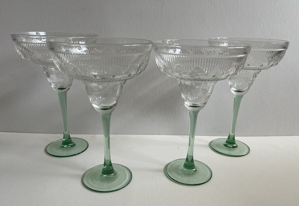 4 Vnt Cristal D’Arques-Durand Green Stem Sombrero Margarita Glasses 1990s France
