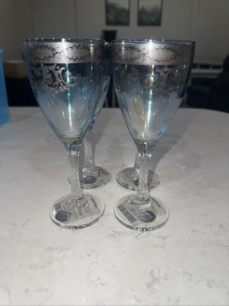 Lot Of 4 Handhand Blown Crystal & Hand Decorated Pure Platinum BlueCordial Italy