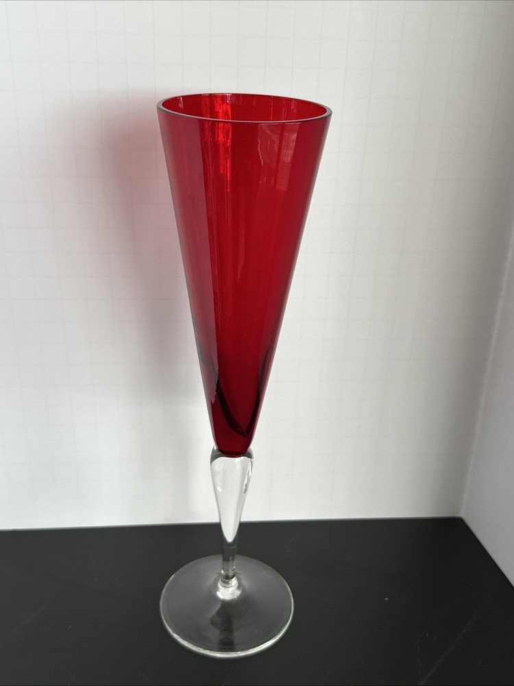 Ruby Red 10.25” Champagne Flute With Clear Stem And Foot Floral Rose Vase Blown