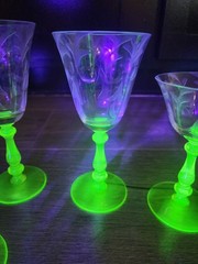 32 Piece Tiffin Etched Vaseline Glass Dinner Set – Lime Green Ribbed Stems RARE