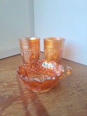 Vtg Marigold Carnival Glass Northwood 2 Tumblers Grape Handle Dish Bowl Set