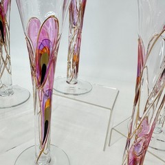 Romanian Hand Blown Glassware Set 6 Flutes 3 Tumblers Pink Gold Abstract